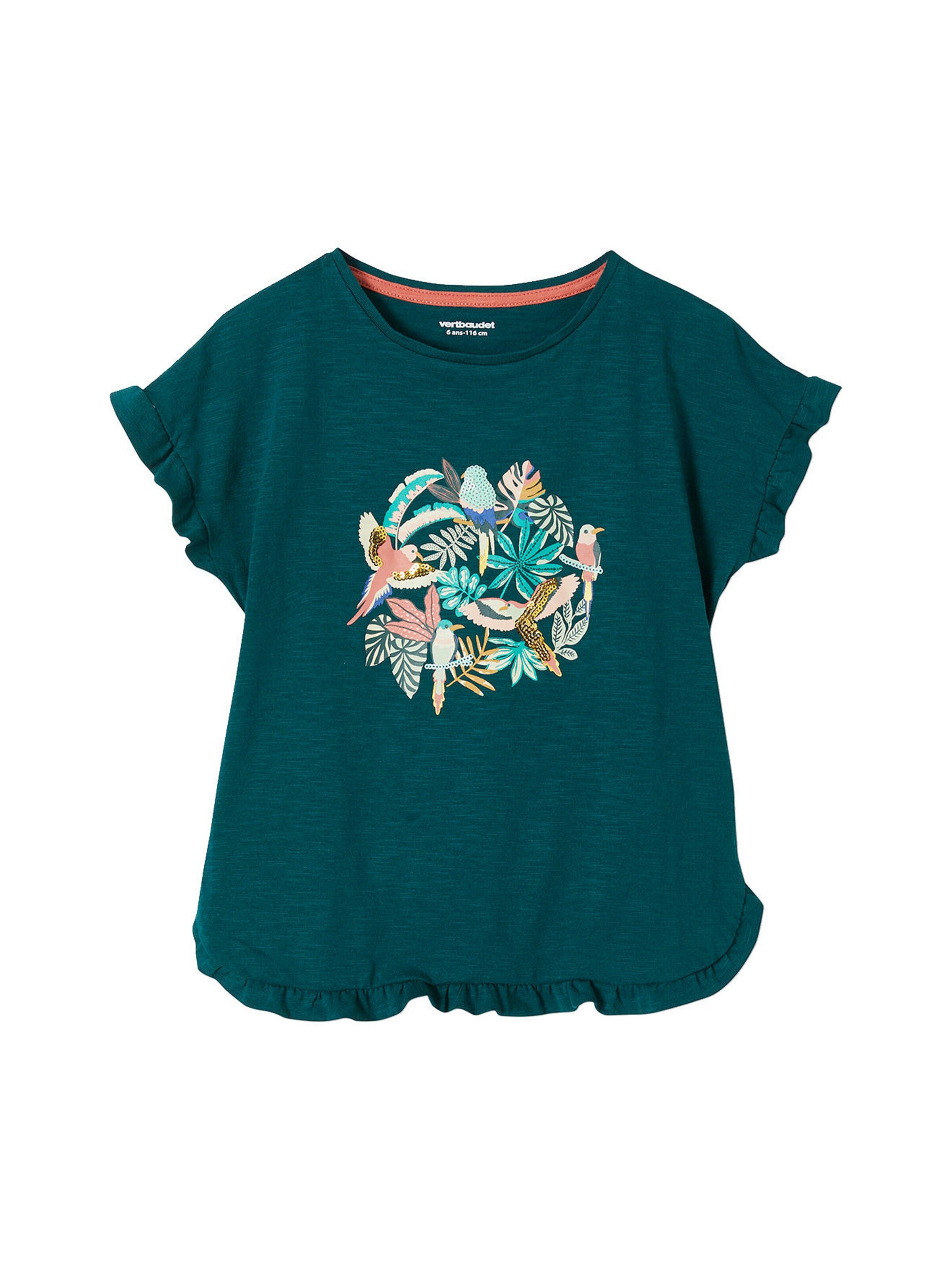 Vertbaudet Mädchen T-Shirt mit Pailletten-Print und Volants grün