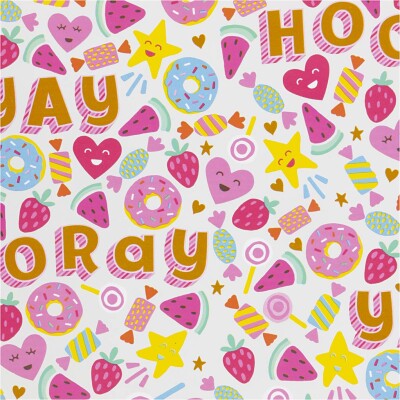 Gavepapir - Slik - Frugt Og Donuts - Lys Turkis - B 50 CM - 80 G - 5 M