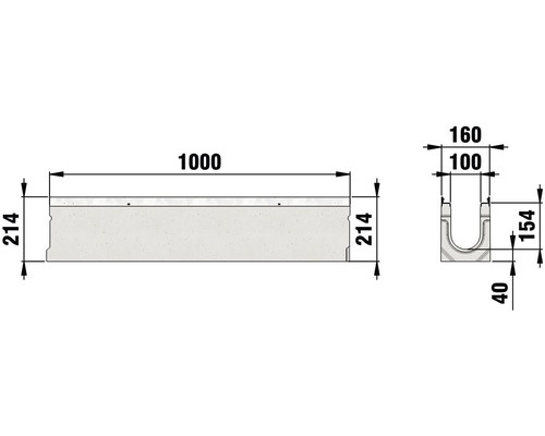 Hauraton Faserfix KS 100 afvoergoot basisprofiel type 010 van vezelversterkt beton 1000 mm x 160 mm x 214 mm