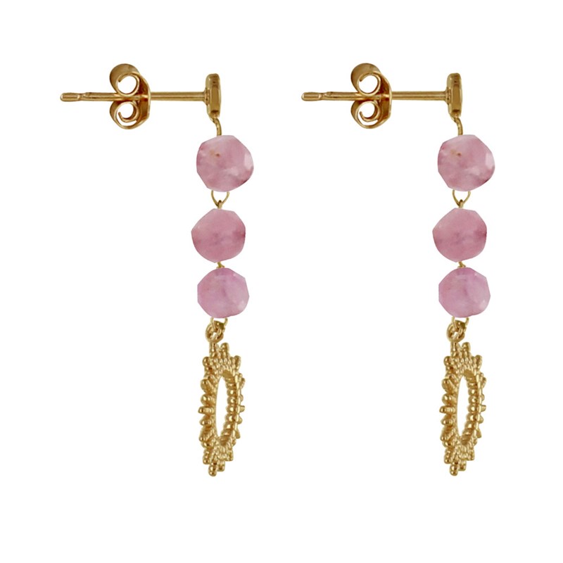 Boucles d'Oreilles Plaqué Or Soleil de Billes Ajouré et Perles Facettées Tourmaline Rose