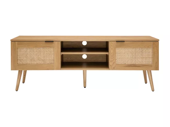 Meuble TV finition bois clair, cannage rotin et métal noir 2 portes L140 cm MANILLE