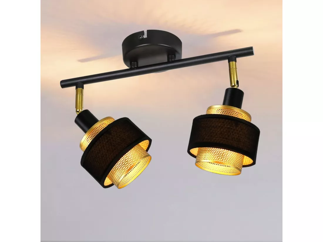 NETTLIFE 2 Spots de Plafond E14 Noir Vintage Rétro en Métal Doré Orientables Industriels pour Salon Chambre Cuisine Couloir