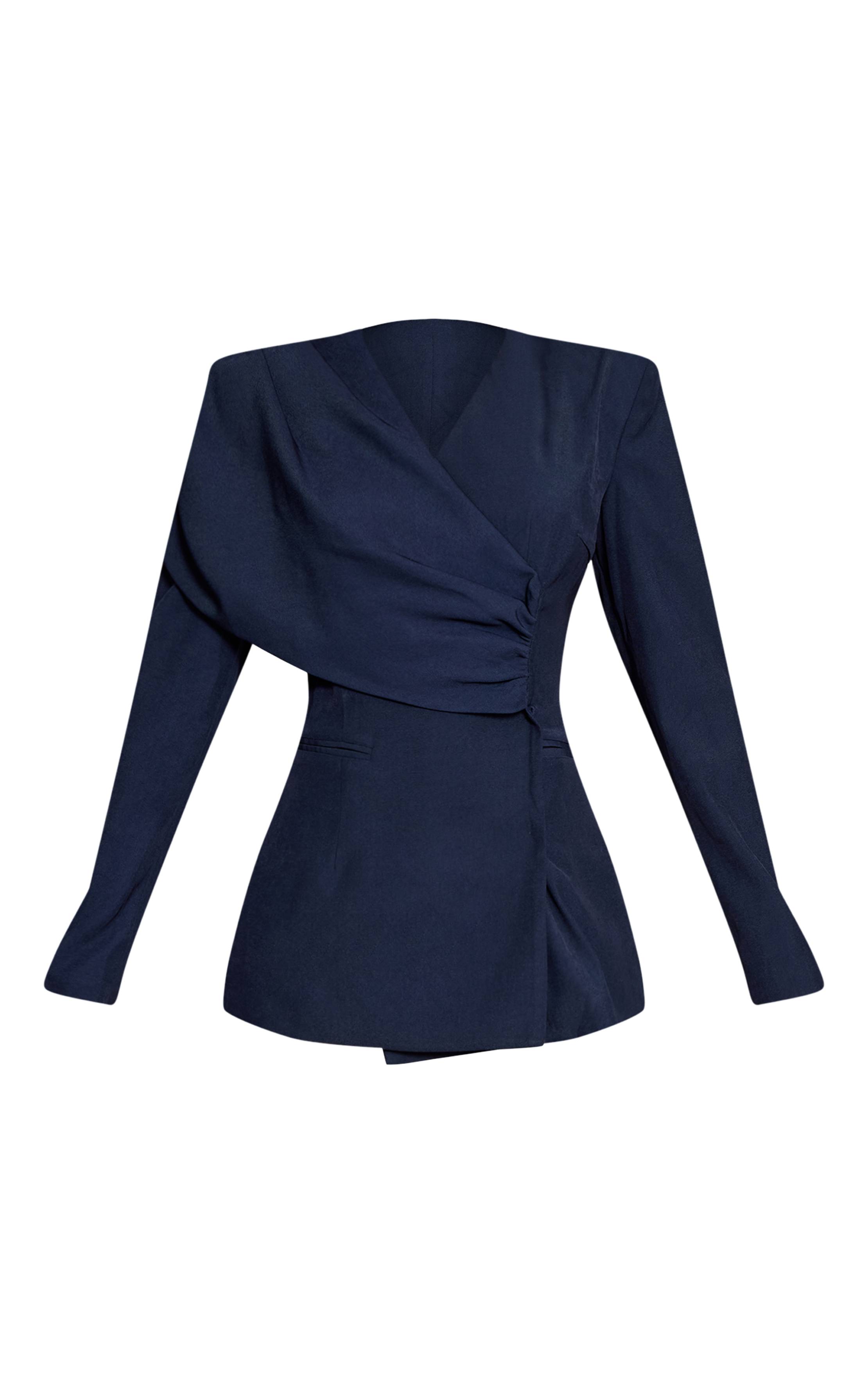 Bleu Marine Blazer Cintré À Drapé D'épaule