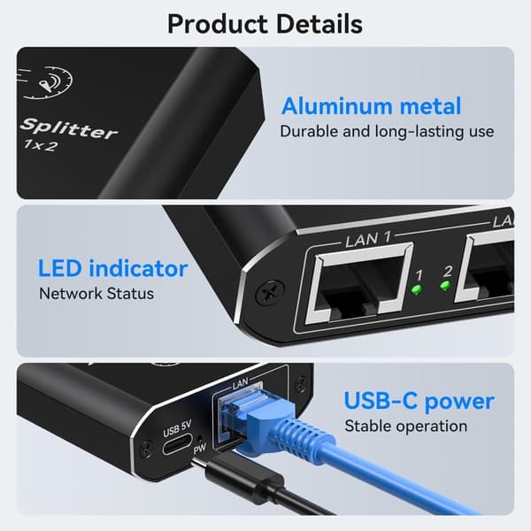 NÖRDIC RJ45-splitter 1 til 2 Ethernet Giga 1000Mbps Nettverk