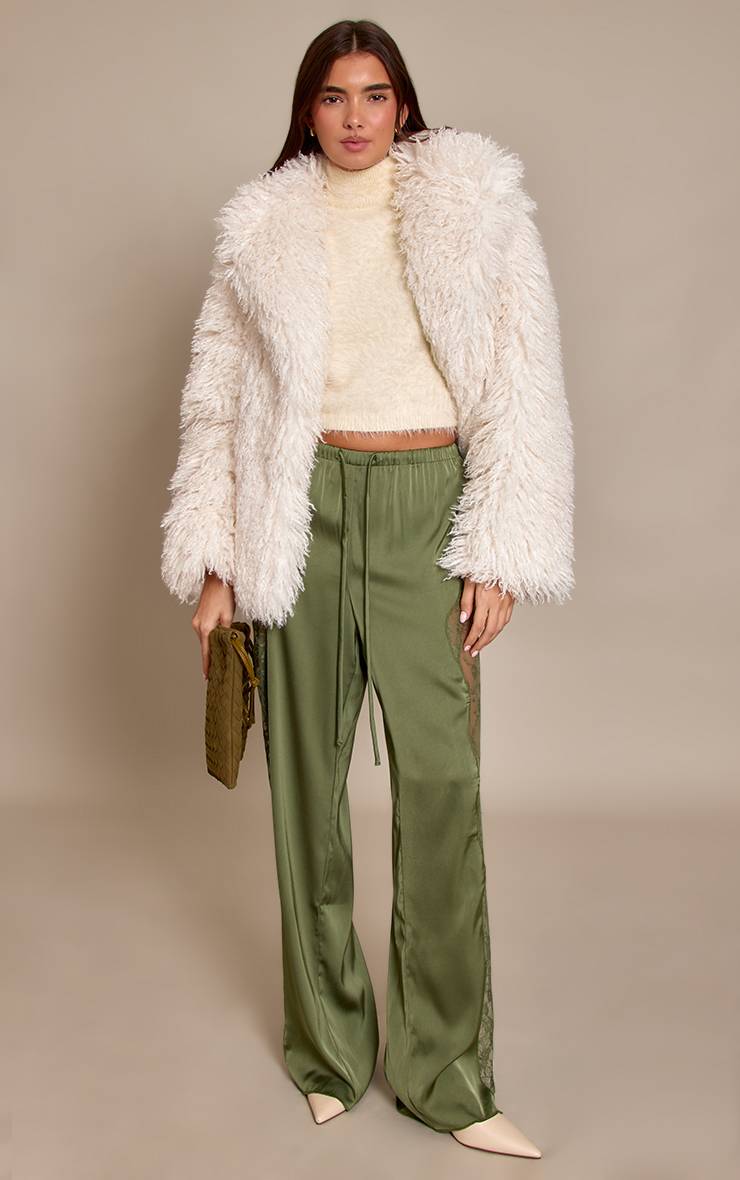 Vert Olive Foncé Pantalon En Satin À Lacets Avec Cordon De Serrage
