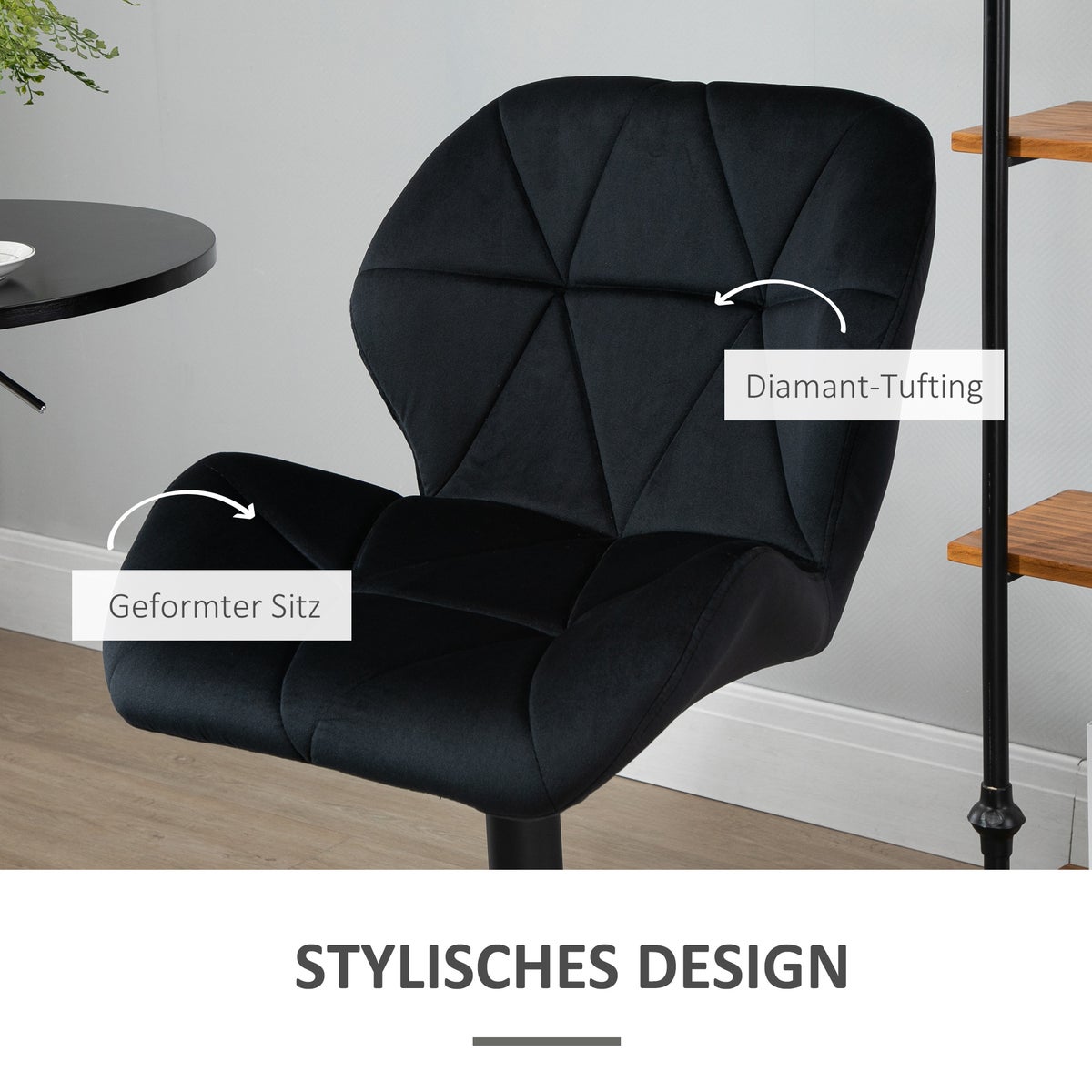 HOMCOM Set van 2 barkrukken, draaibare barkrukken met rugleuning, in hoogte verstelbare bistrokrukken, barkrukken, fluwelen touch, armloos schuim, zwart, 51,5 x 57,5 x 93-114,5 cm