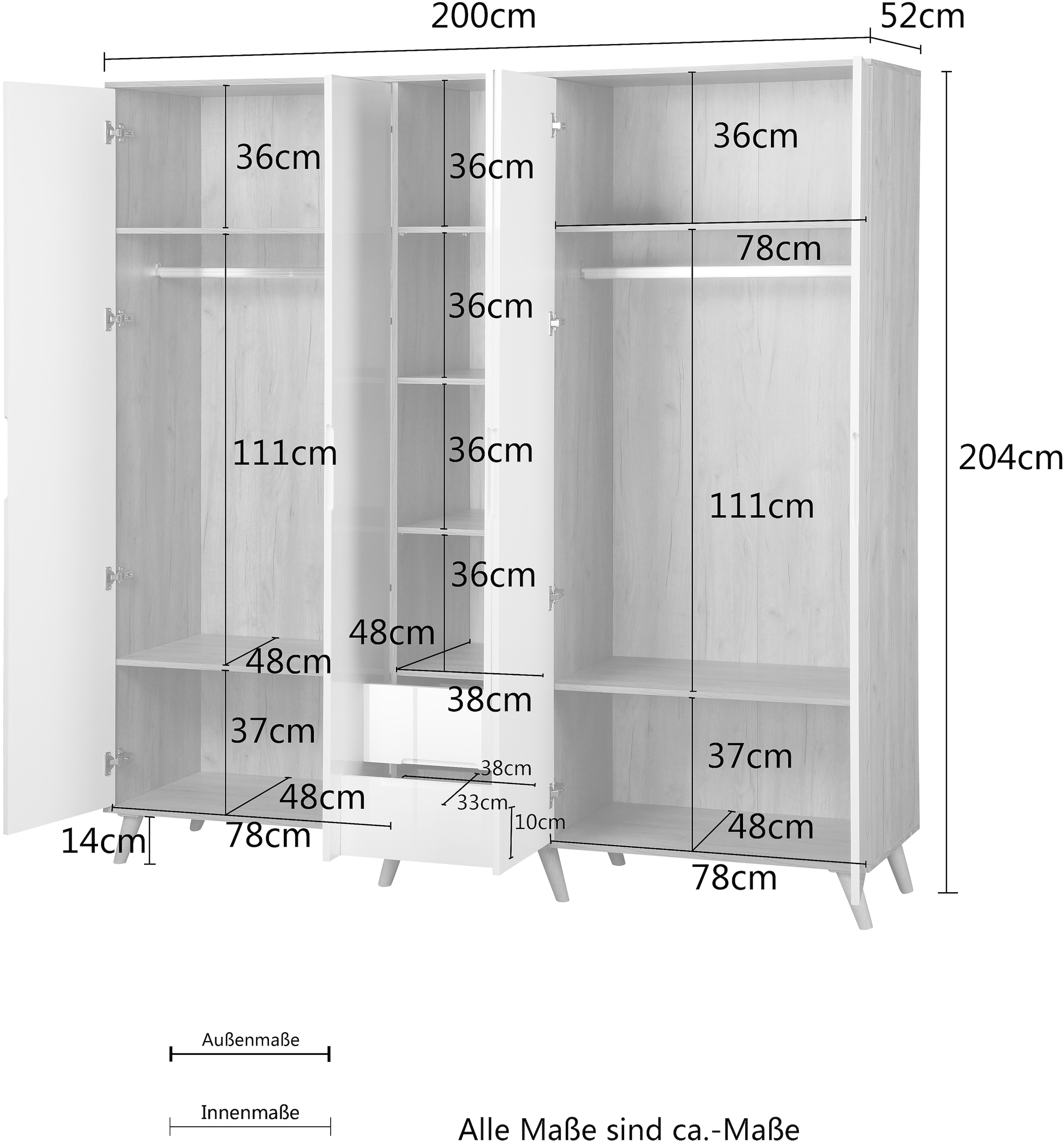 andas Kleiderschrank »Lund Schlafzimmerschrank Bestseller im skandinavischem Design« Garderobenschrank mit Premium Innenausstattung, Breite 200cm hochglanz