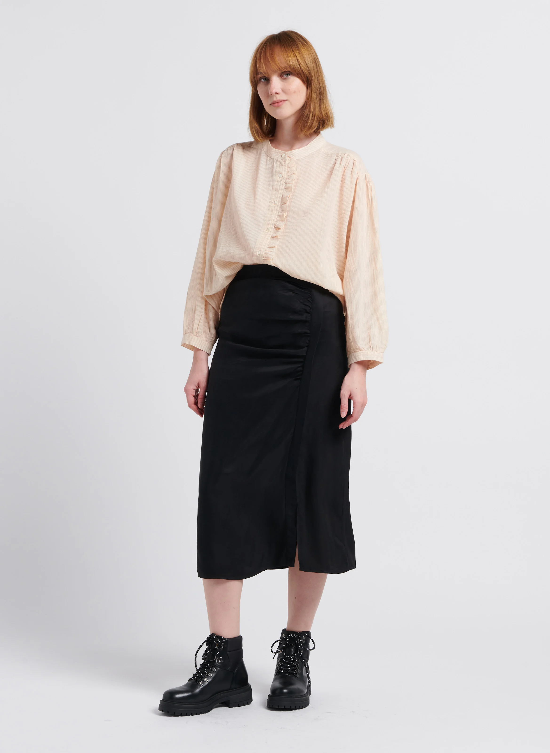 LONIA - Chemise fluide col mao à rayures en coton | Rose