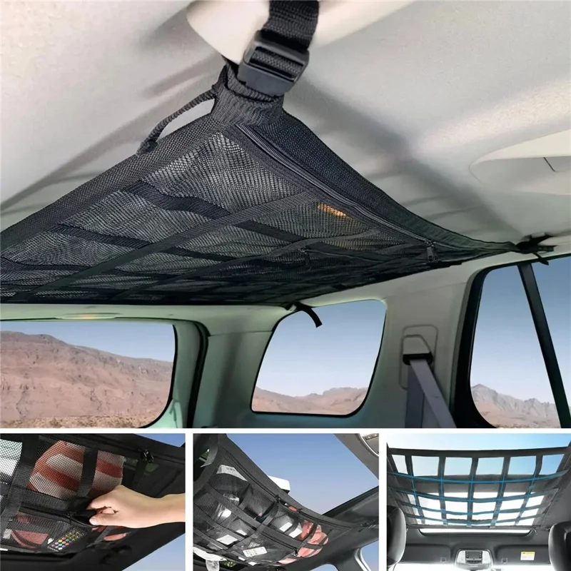 (70x50cm) Doppel-Lagige Auto KFZ Dachnetz Tasche Aufbewahrungsnetz Organizer für Innenraum - Schwarz