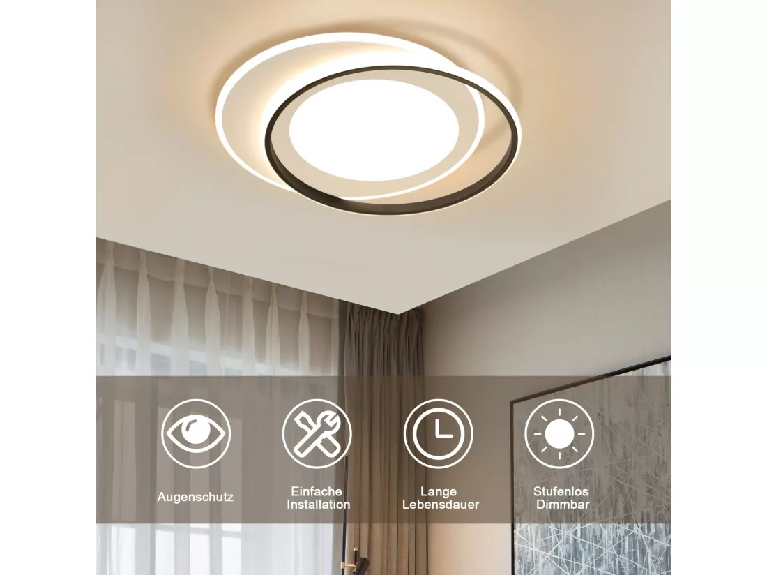 NETTLIFE Plafonnier LED Noir Blanc Rond 66W Moderne 48,5 cm Dimmable avec Télécommande Lampe de Salon pour Chambre Cuisine Couloir