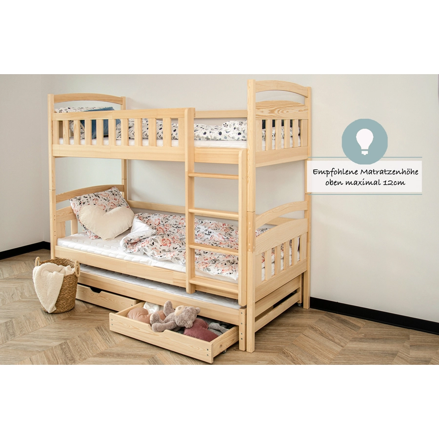 Kids Collective Hochbett 90x200 mit Ausziehbett Etagenbett mit Ausziehfunktion, 2 Schubladen natur mit Schublade
