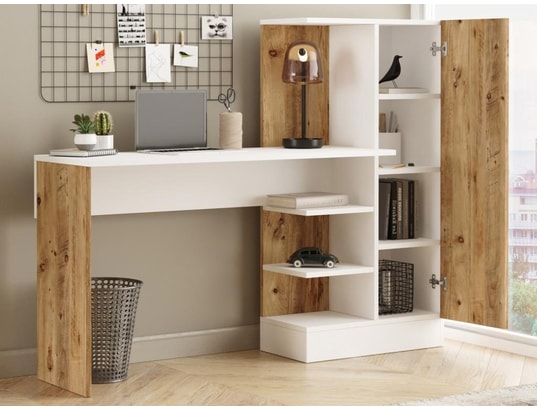 VENTE-UNIQUE - Bureau avec armoire de rangements - coloris : naturel et bla...