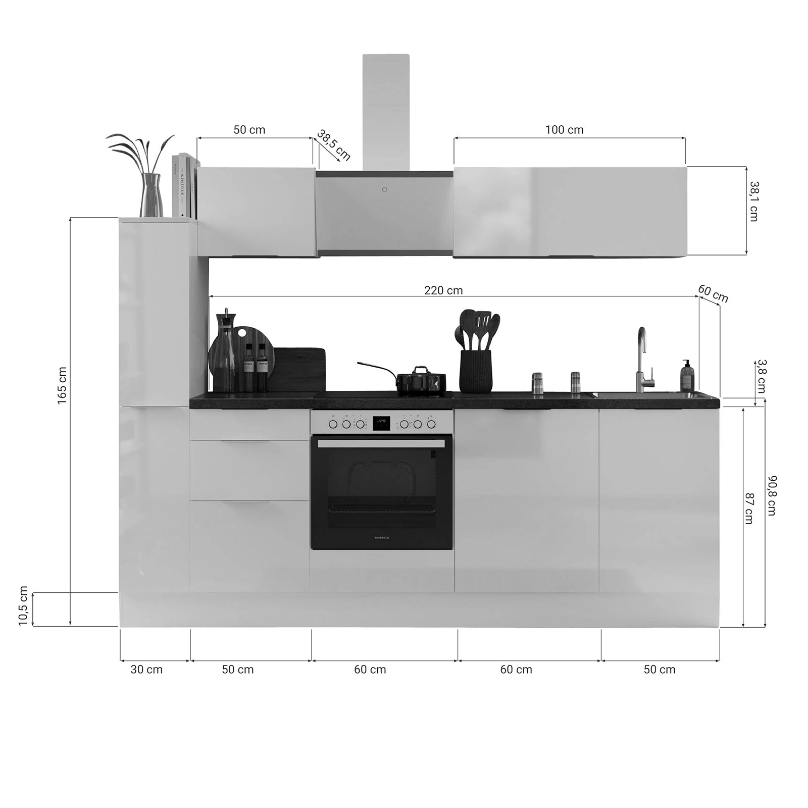 RESPEKTA Küchenblock - Artisan Eiche - grau matt - mit E-Geräten - 250 cm