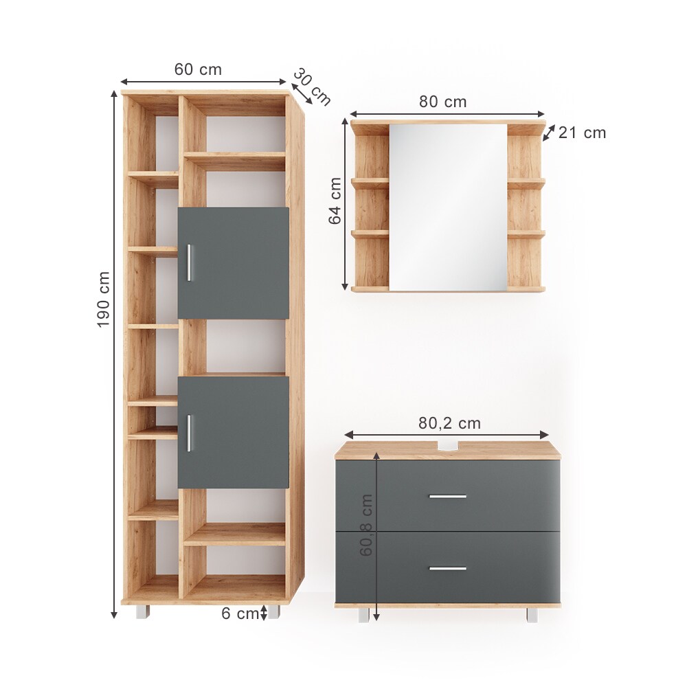 VICCO Badmöbel Set ILIAS Eiche Anthrazit Spiegel Kommode Unterschrank Badschrank