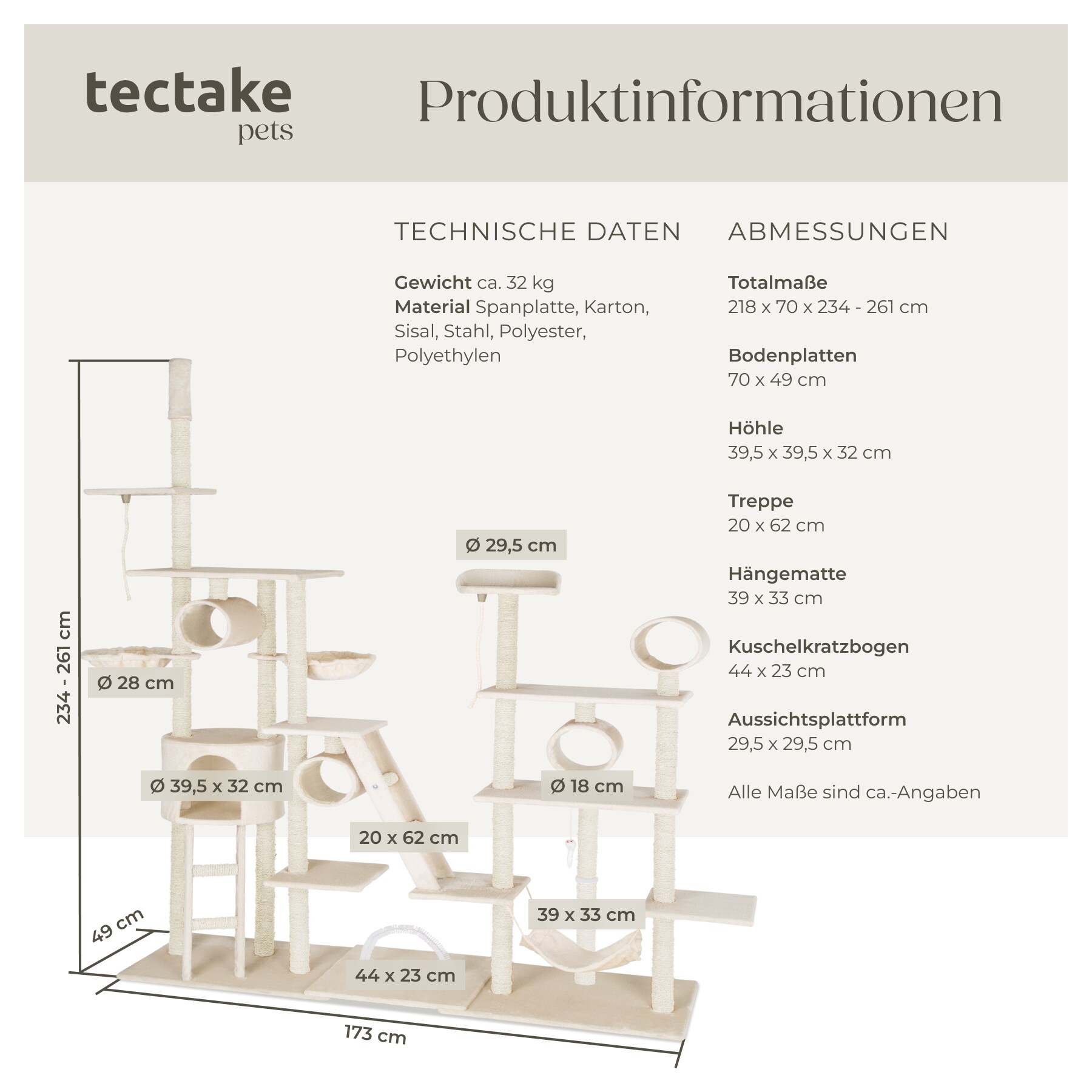 tectake® Kratzbaum, 234 bis 261 cm, mit Katzenhaus, inklusive 2 Treppen, 2 Spielkordeln, Kratzbogen, Deckenspanner und Kippschutz