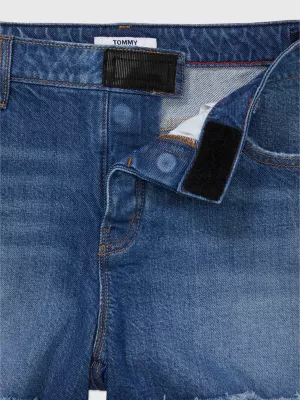 Shorts jeans com barra desfiada e efeito desbotado adaptável