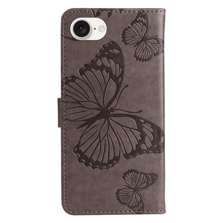 iPhone 16e Leder Tasche mit Kartenfach   Handschlaufe Schmetterling - Grau
