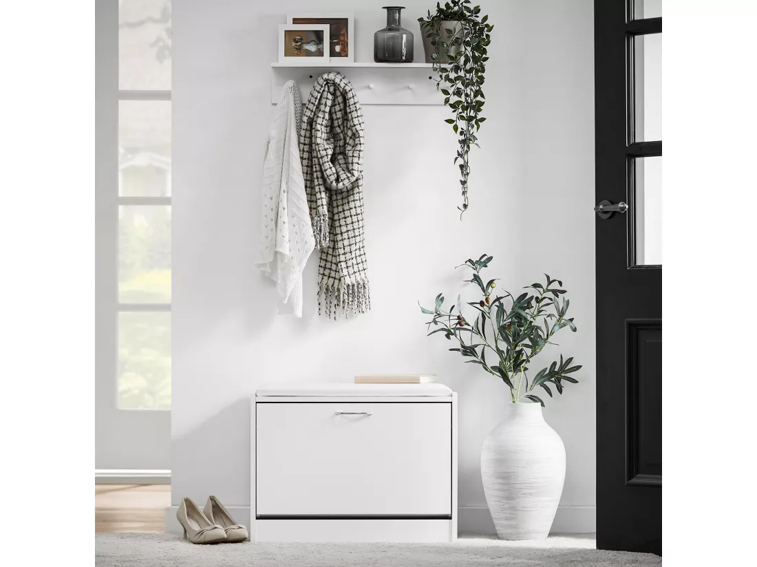 Banc Armoire à chaussures 1 abattant avec coussin, Coffre Rangement pour chaussures Blanc, FSR16-W