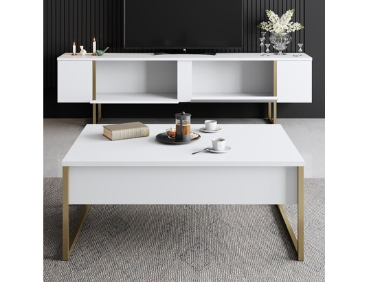 CONCEPT1 - Meuble TV Luxe - Blanc, Or 180 x 30 x 50