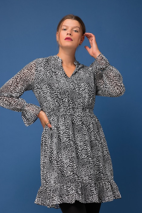 Leo-Kleid, A-Line, Minimal-Leo Chiffon, Tunika-Ausschnitt, Langarm