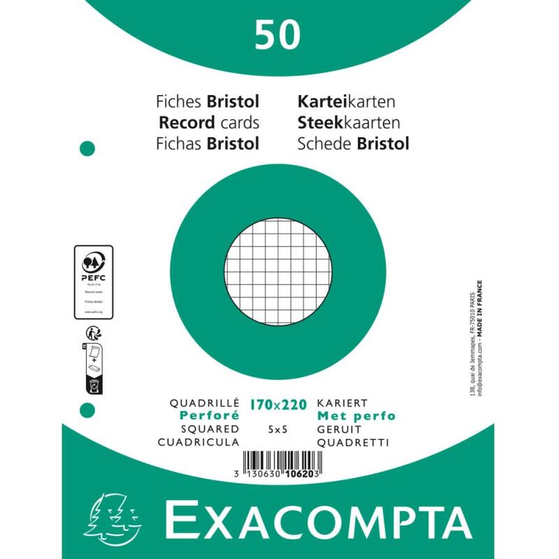 Paquet 50 fiches sous film - bristol quadrillé 5x5 perforé 170x220mm - Blanc