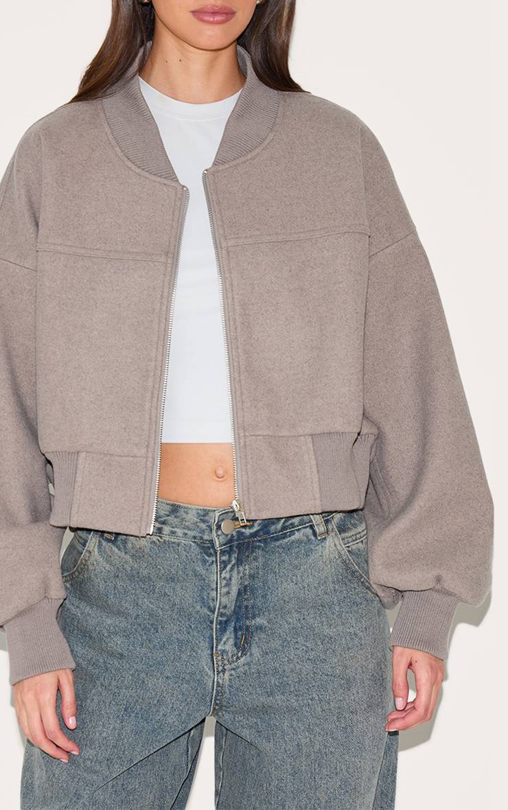 Taupe Veste Bomber Courte À Manches Froncées