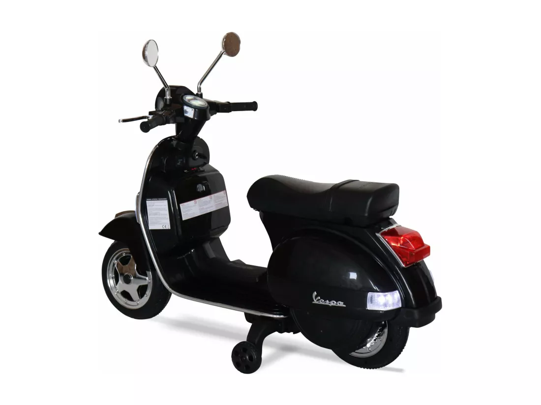 Vespa noire PX150. scooter électrique pour enfants 12V 4.5Ah. 1 place avec autoradio