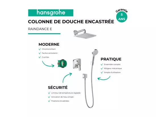 Colonne de douche mécanique encastrée HANSGROHE Logis chromé + nettoyant Briochin