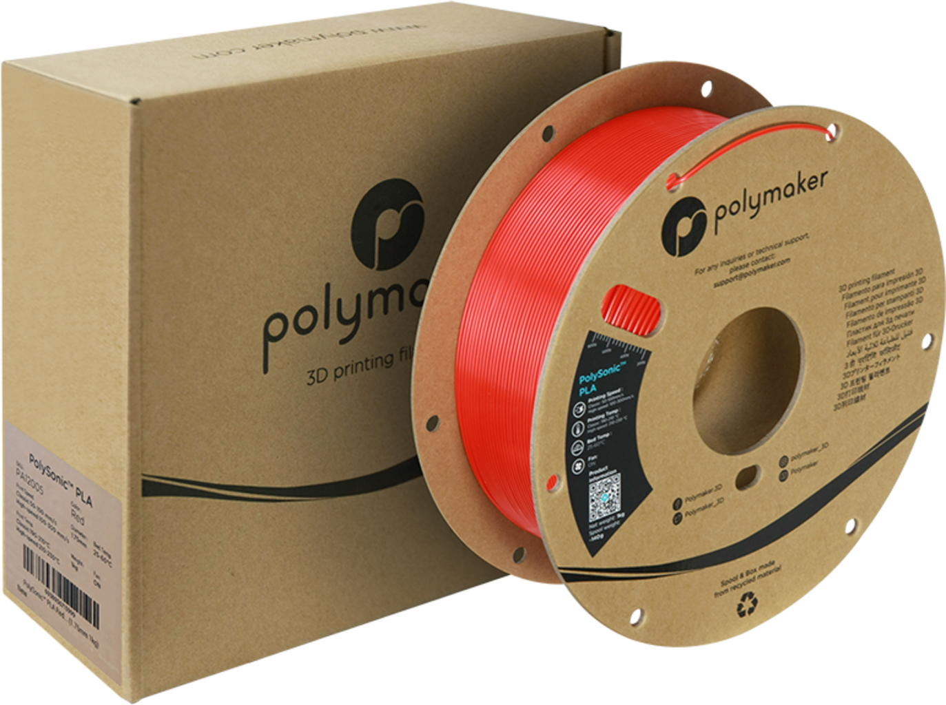 Polymaker  PolySonic PLA Red, 1,75 mm / 1000 g    Innovatives Filament für Hochgeschwindigkeitsdrucke