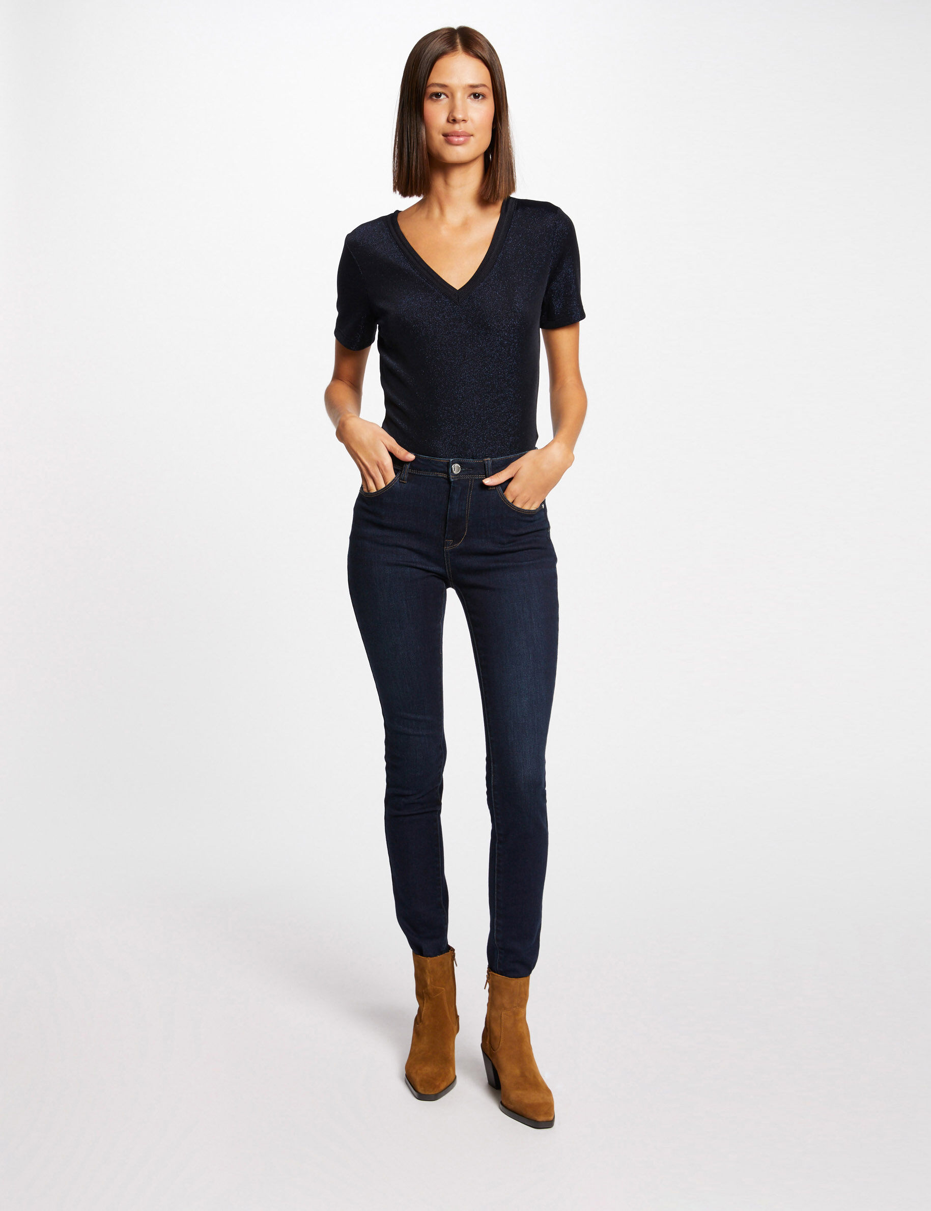 T-shirt manches courtes avec col en V marine femme - marine