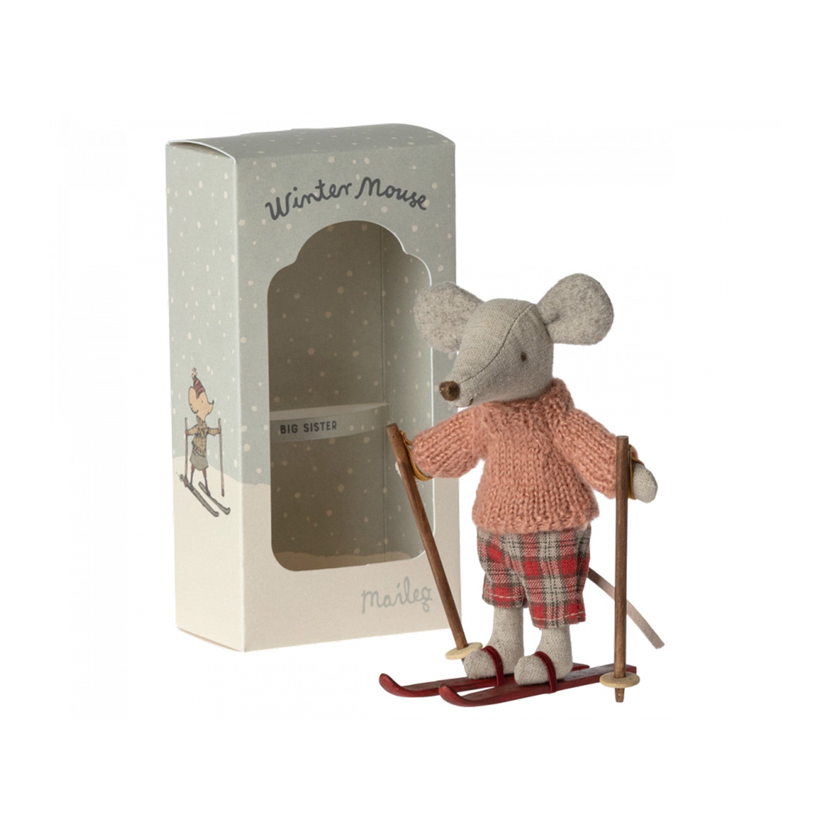 Maileg Wintermaus grosse Schwester mit Ski und Stöcken