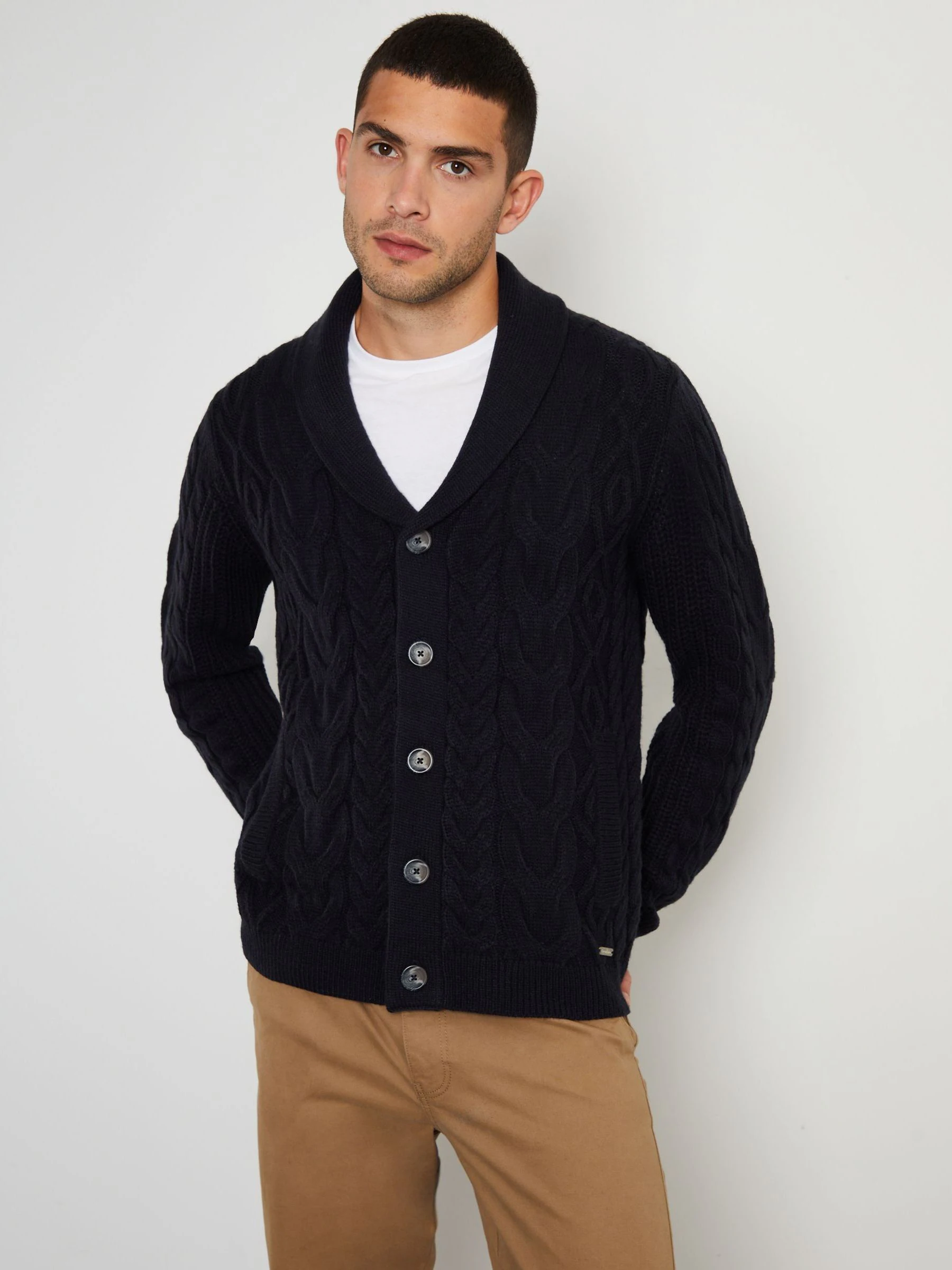 Marineblauw - Threadbare gebreid vest met sjaalkraag en wol