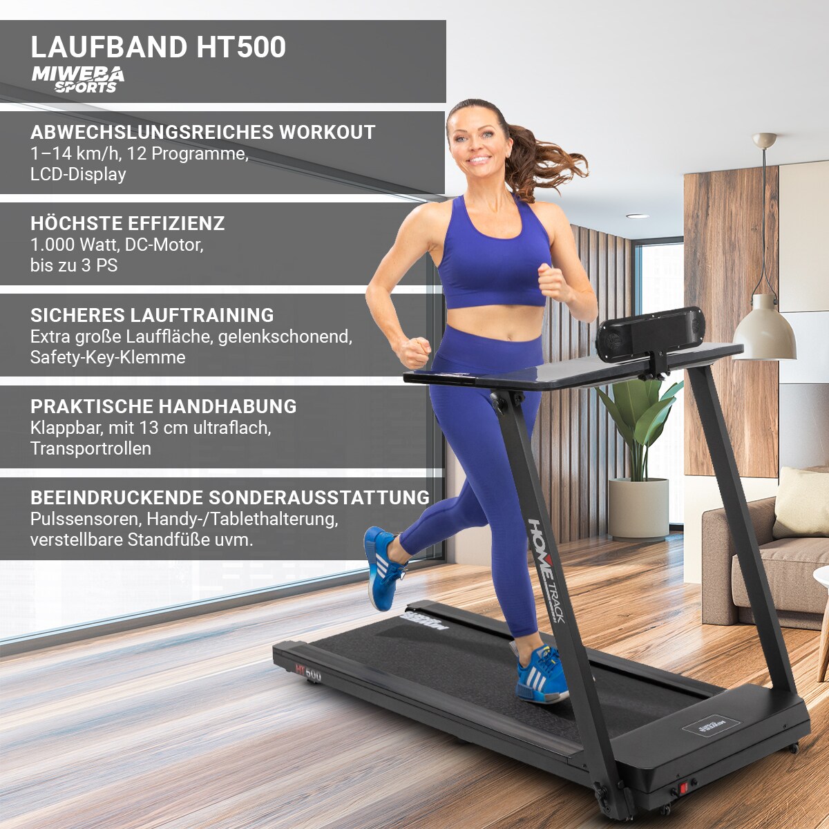 Miweba Sports Laufband Home Track HT500, klappbar, 1-14 km/h, Handy/-Tablethalter, 12 Programme (Schwarz)