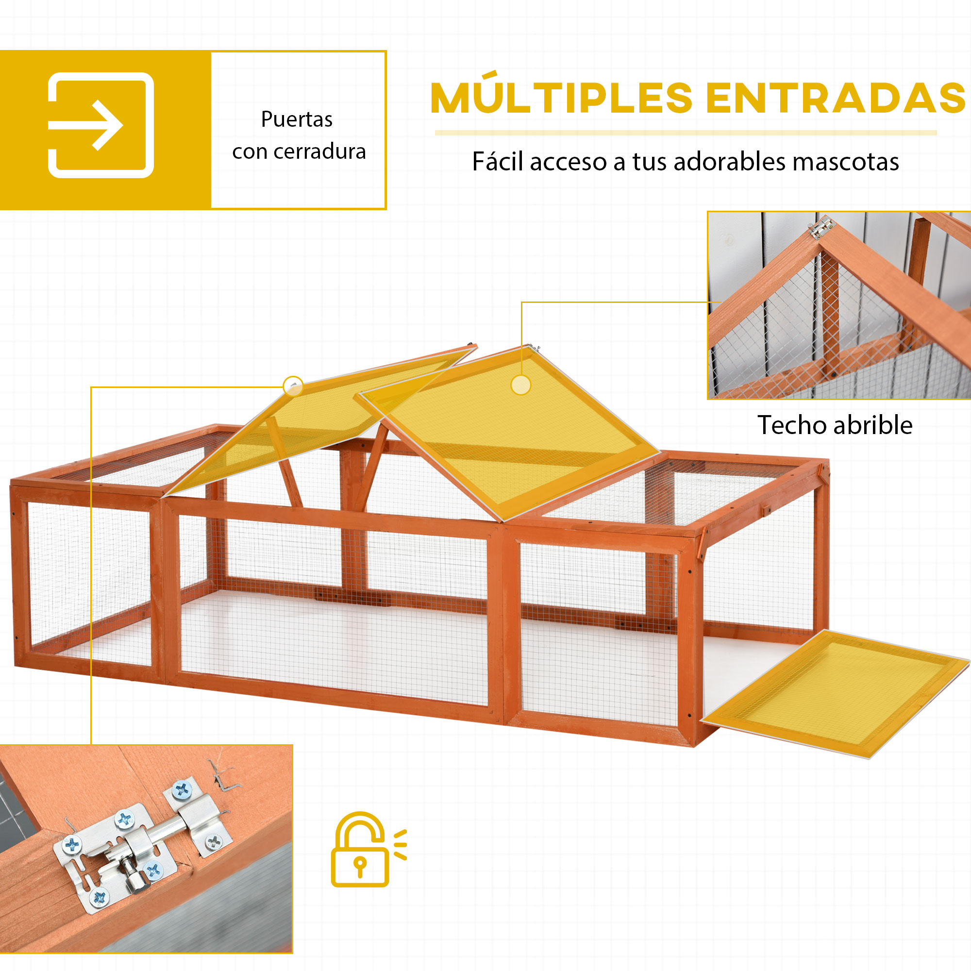 Gaiola de madeira para coelho PawHut, para uso externo, 180x90x48 cm, grande, com 3 portas e estrutura em arame de metal natural. Ideal para pequenos animais.