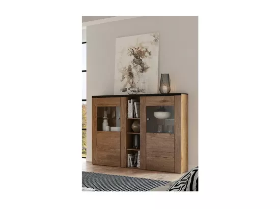 Vaisselier design 2 portes pour salon couleur chêne et noir effet bois. collection SANTIAGO.