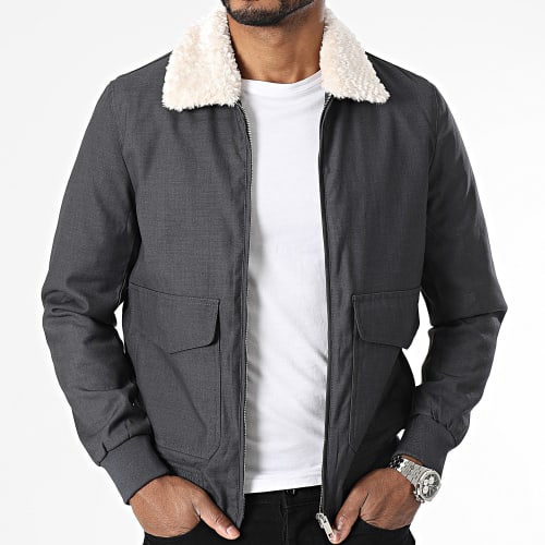 Veste Zippée Col Fourrure Gris Anthracite