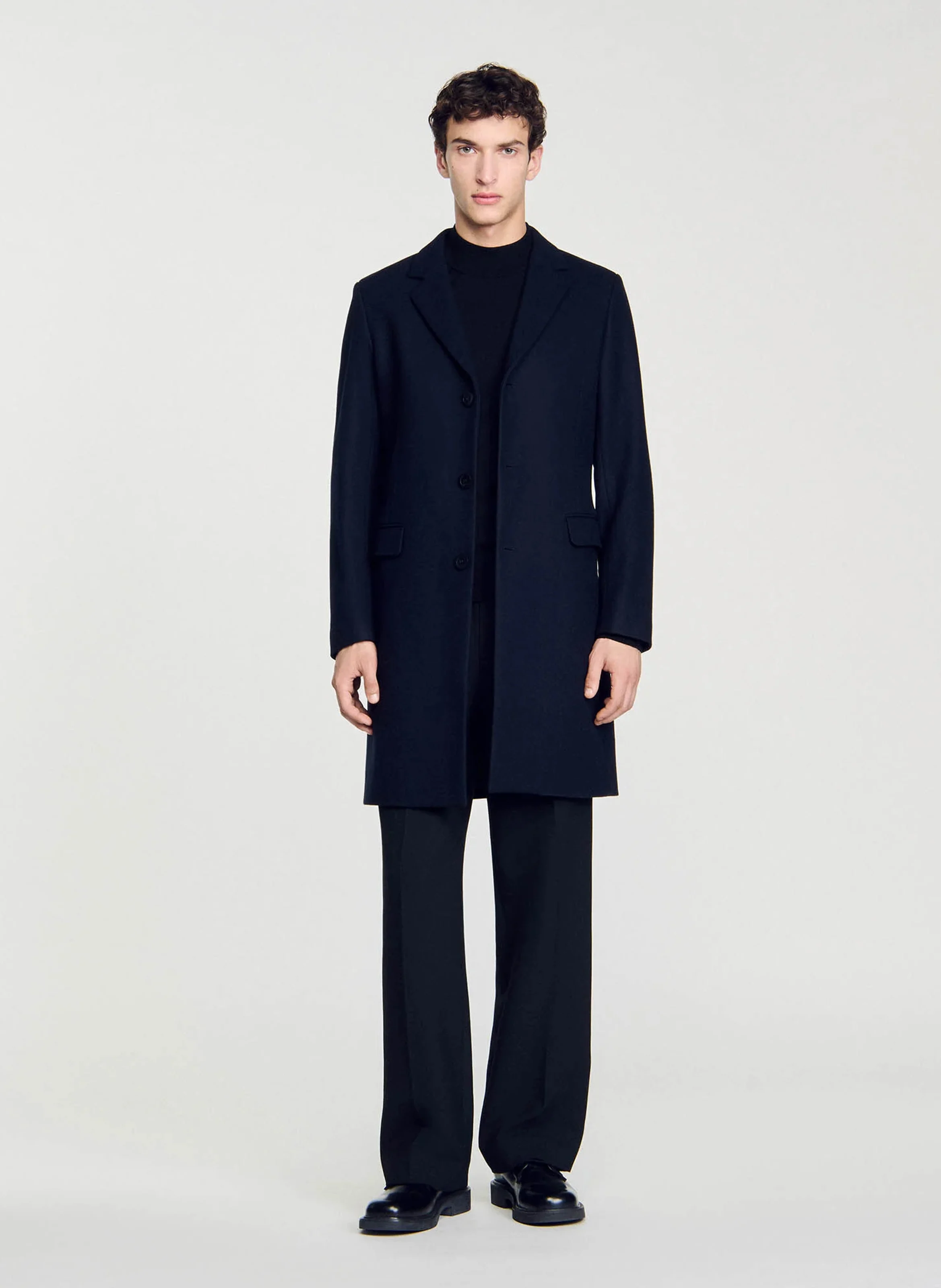 Manteau droit col tailleur en laine mélangée | Bleu