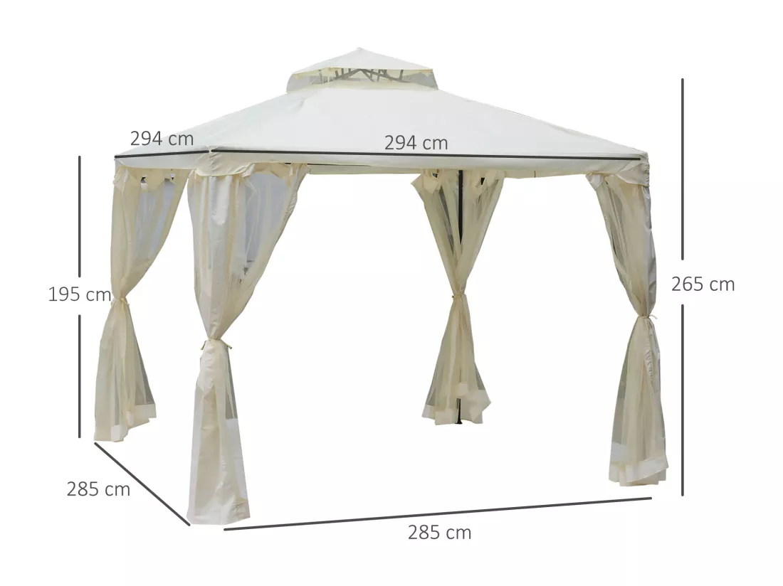 Pavillon de jardin tonnelle barnum style colonial double toit toiles moustiquaires amovibles zippées crème