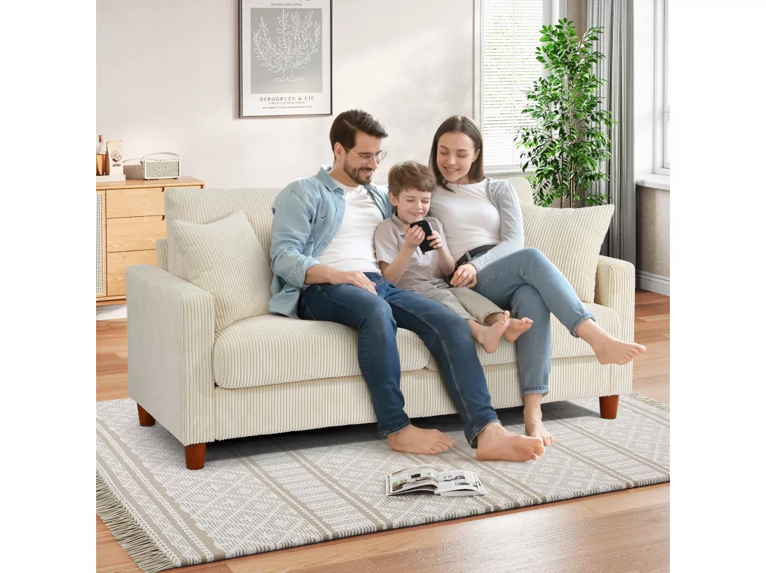 Canapé en velours 2 Places, avec 2 Coussins, sièges profonds de 56cm, 178x76x89cm, Beige