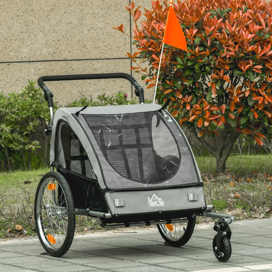 HOMCOM 2-in1 Fahrradanhänger mit Platz für 2 Kinder grauschwarz