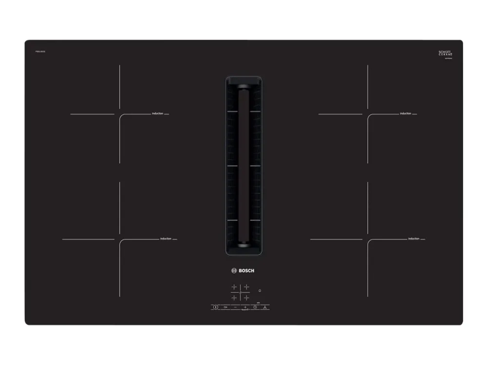 Bosch Serie | 4 PIE811B15E - Induktions kogeplade - 4 plader - Niche - bredde: 75 cm - dybde: 49 cm - Klasse B - rammeløs - sort med downdraft-udstødning (ekstraktion og recirkulation med ekstra ekstraktion og recurkulationssæt)