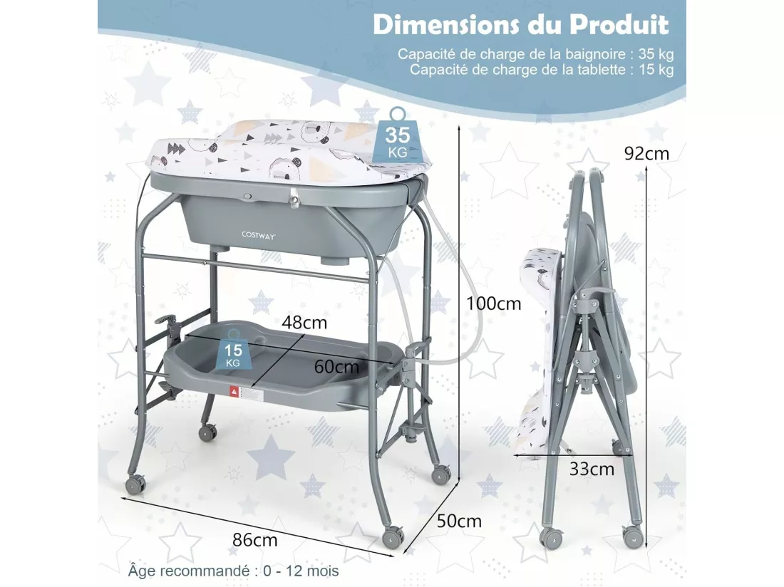 Table à Langer 2 en 1 avec Baignoire 20L Plateau de Rangement, Commode à Langer Pliable Couches Étanches Roue Universelle à Frein Charge 35KG, pour Bébé 0-12 Mois,Gris