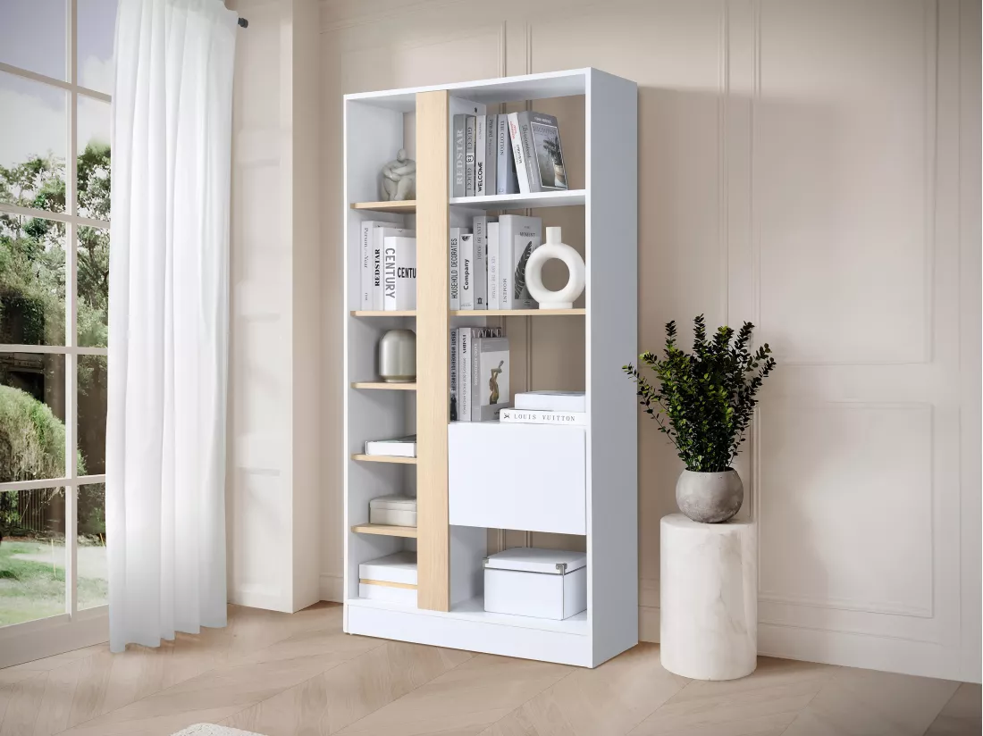 Bibliothèque avec 1 porte et 7 étagères - Naturel et Blanc - CALENIA