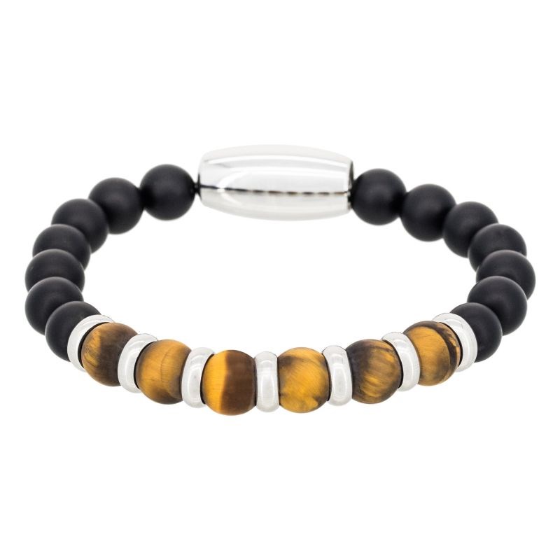 Bracelet Homme acier, oeils de tigre et pierres noir 
