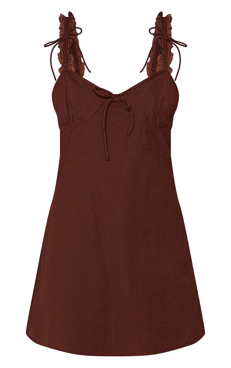 Chocolat Robe Droite Aspect Lin Avec Nœud Décoratif