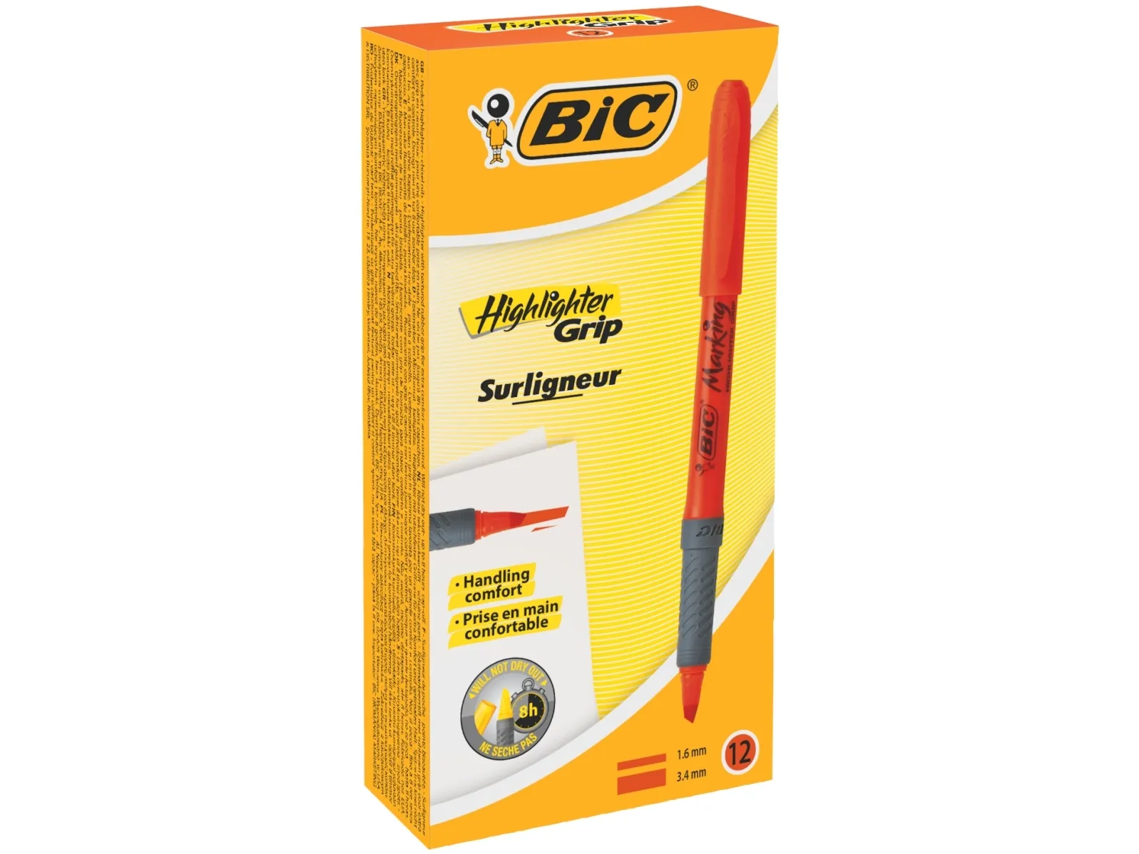 Overstregningspen BIC Highlighter Grip orange med skrå spids - (12 stk.)