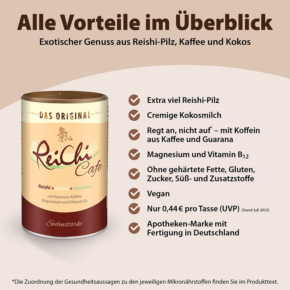ReiChi Cafe Reishi-Pilz Espresso Kaffee Kokos Guarana Ginseng vegan