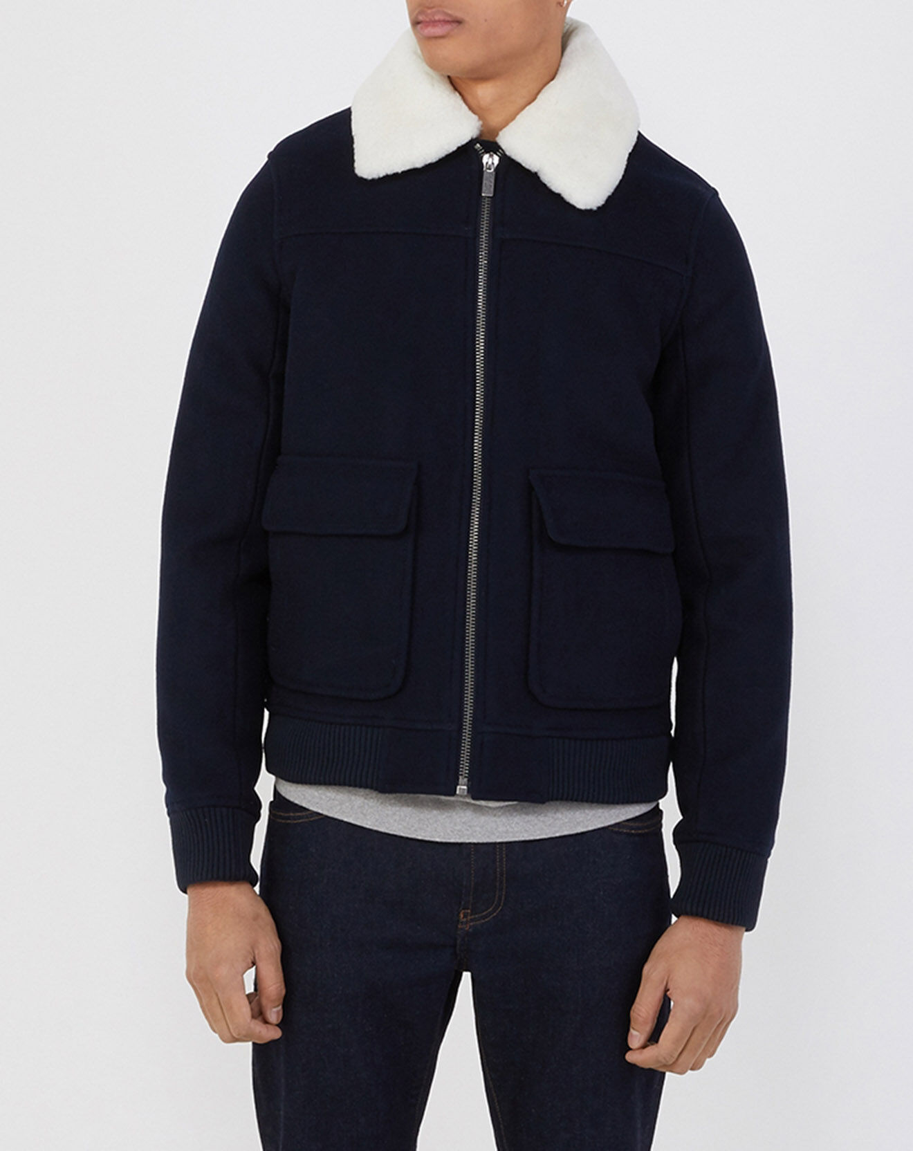 Galeries Lafayette Blouson zippé en Laine mélangée Pilot bleu marine