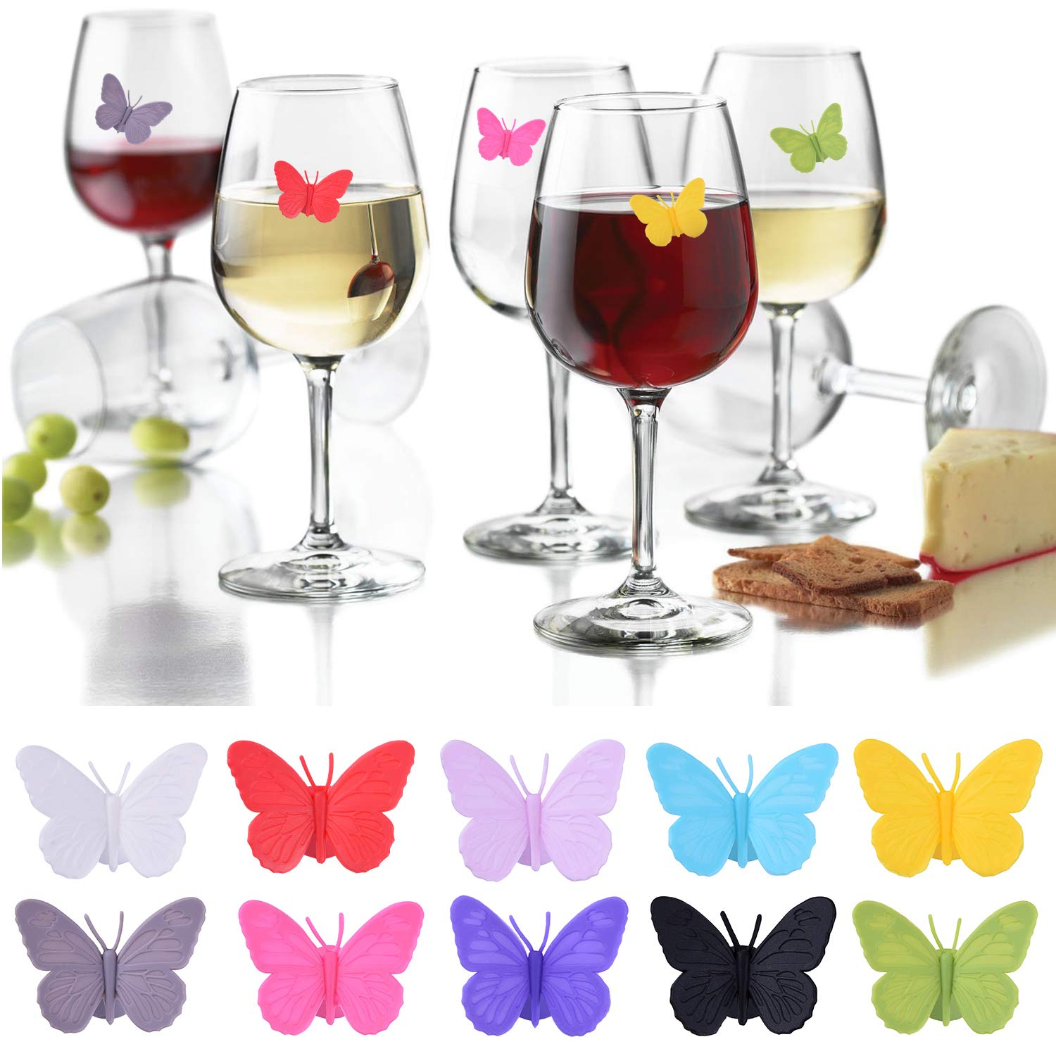 (10er Set) Silikon Glas Markierer Wiederverwendbare Trinkglas Markierung mit Saugnapf - Schmetterling