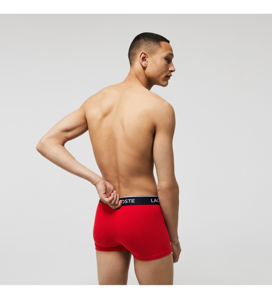 Conjunto de 3 cuecas boxer Lacoste Court nas cores azul marinho e vermelho.